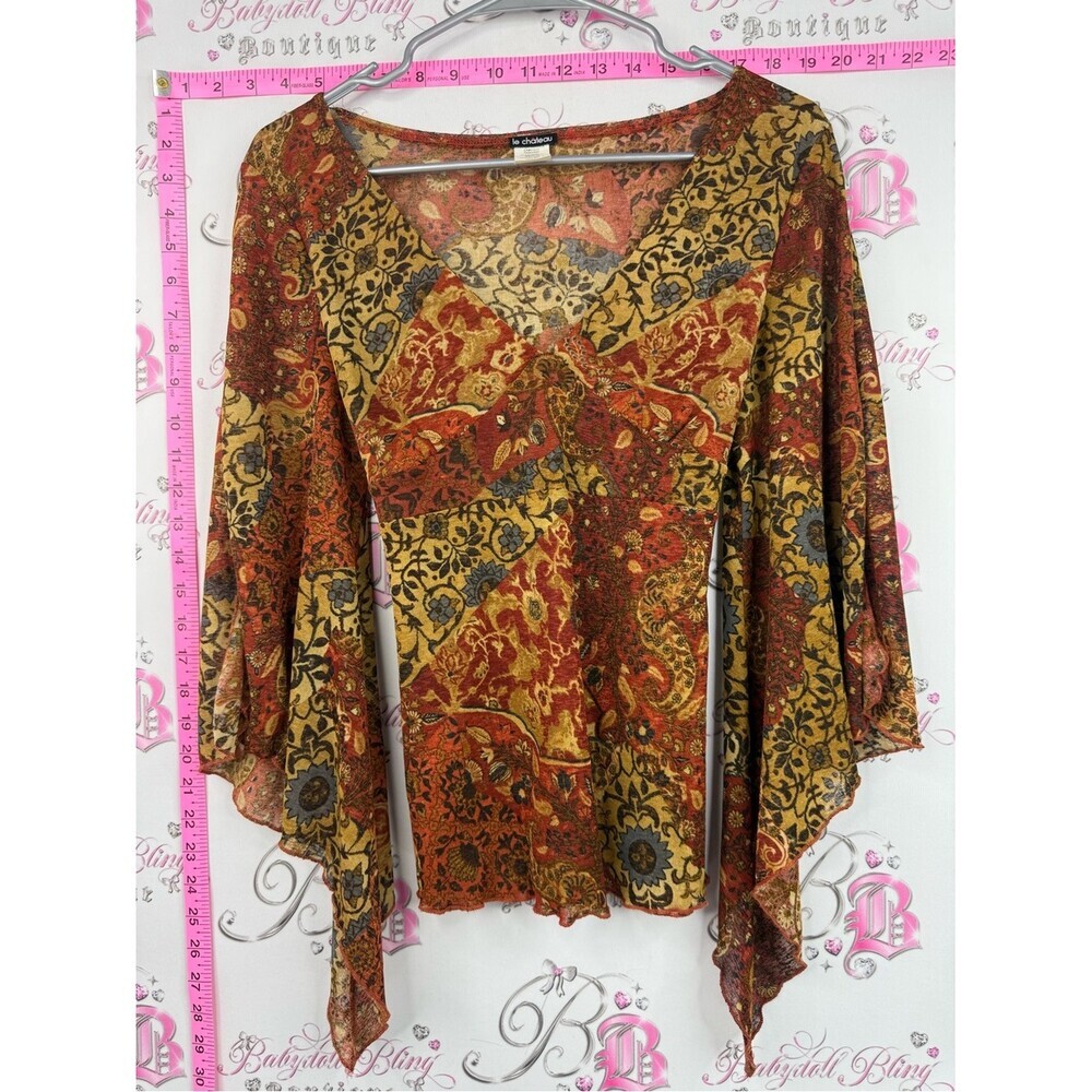 le chateau shirt fairy sleeve Rust and Mustard Paisley V-Neck Bell Sleeve Blouse